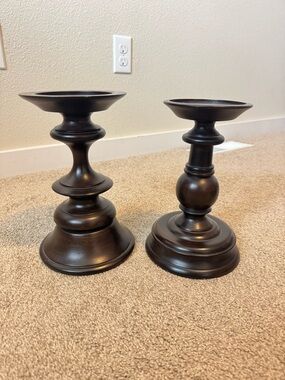 Pottery Barn Dark Brown Turned Wood Candlestick Holders